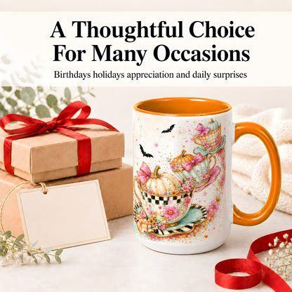 #pl[15oz|Orange] Pumpkin Tea Cup Ceramic Coffee Cup, Mug with Floral Bow Artwork