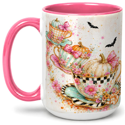 #pl[15oz|Pink] Pumpkin Tea Cup Ceramic Coffee Cup, Mug with Floral Bow Artwork