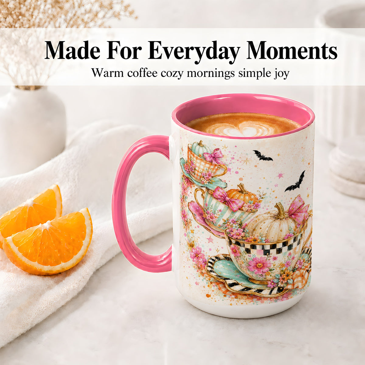 #pl[15oz|Pink] Pumpkin Tea Cup Ceramic Coffee Cup, Mug with Floral Bow Artwork