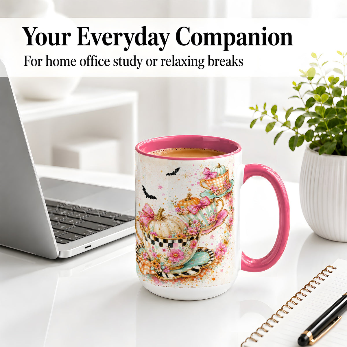 #pl[15oz|Pink] Pumpkin Tea Cup Ceramic Coffee Cup, Mug with Floral Bow Artwork