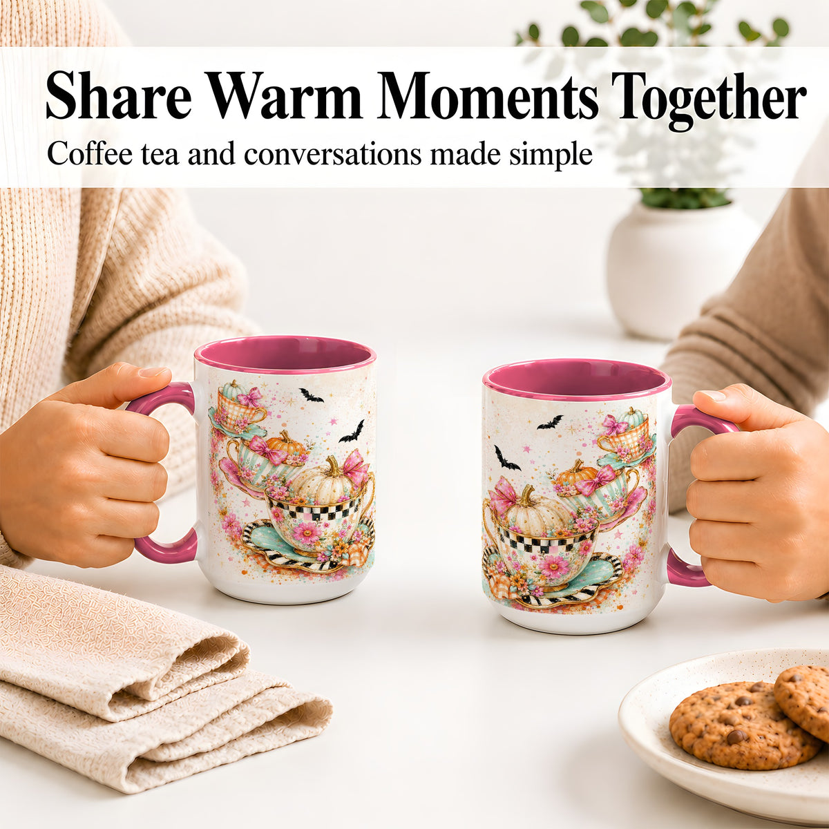 #pl[15oz|Pink] Pumpkin Tea Cup Ceramic Coffee Cup, Mug with Floral Bow Artwork