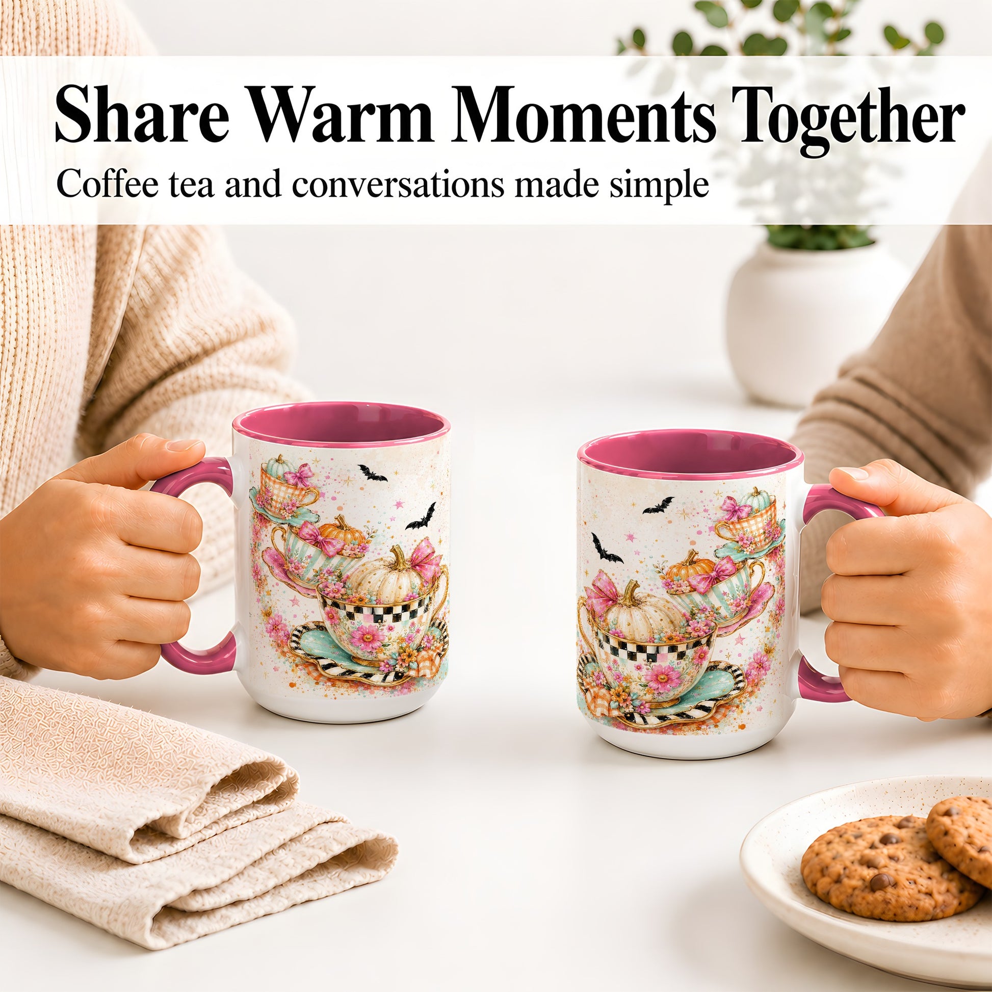 #pl[15oz|Pink] Pumpkin Tea Cup Ceramic Coffee Cup, Mug with Floral Bow Artwork