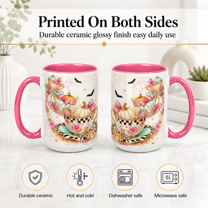 #pl[15oz|Pink] Pumpkin Tea Cup Ceramic Coffee Cup, Mug with Floral Bow Artwork