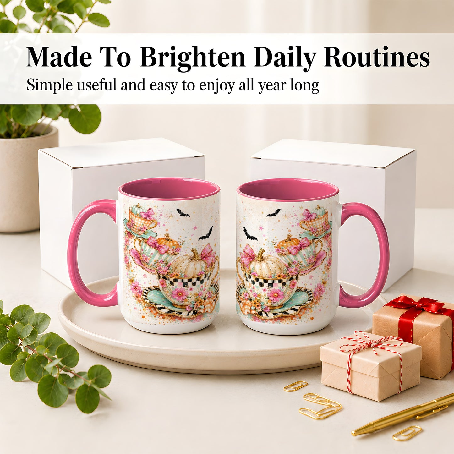 #pl[15oz|Pink] Pumpkin Tea Cup Ceramic Coffee Cup, Mug with Floral Bow Artwork