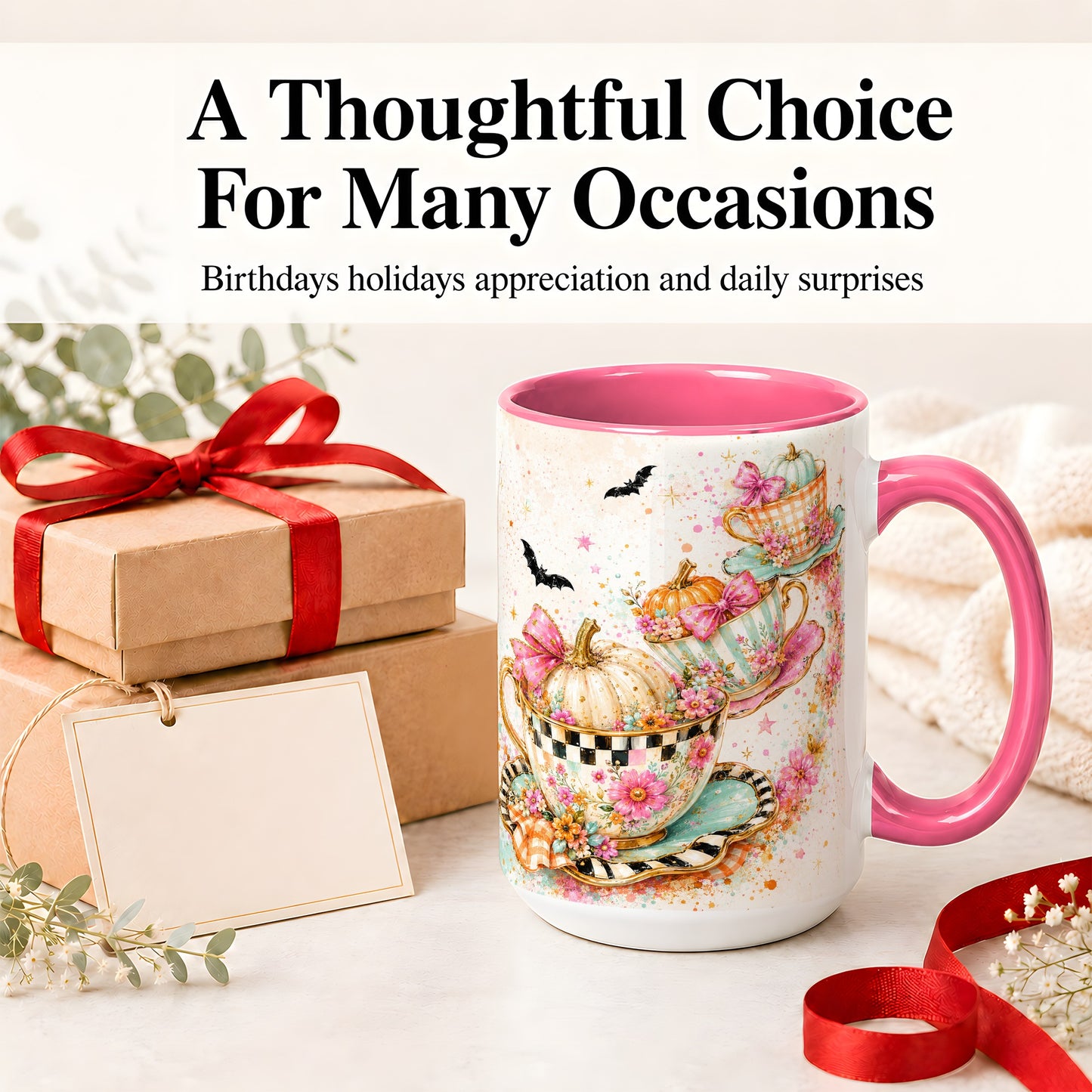 #pl[15oz|Pink] Pumpkin Tea Cup Ceramic Coffee Cup, Mug with Floral Bow Artwork