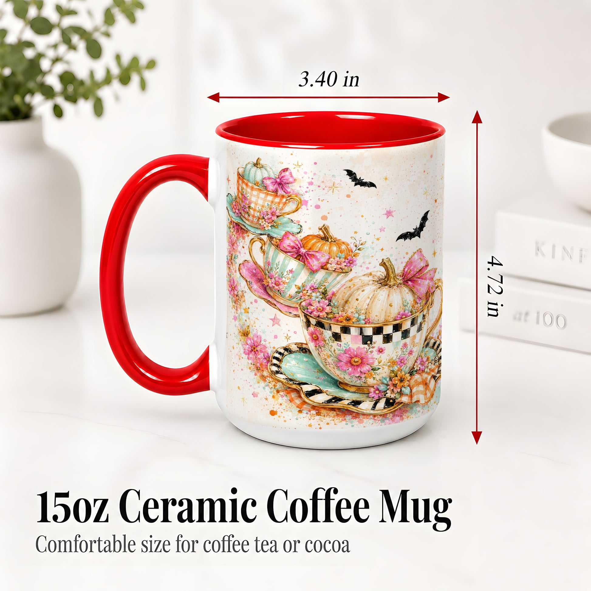 #pl[15oz|Red] Pumpkin Tea Cup Ceramic Coffee Cup, Mug with Floral Bow Artwork