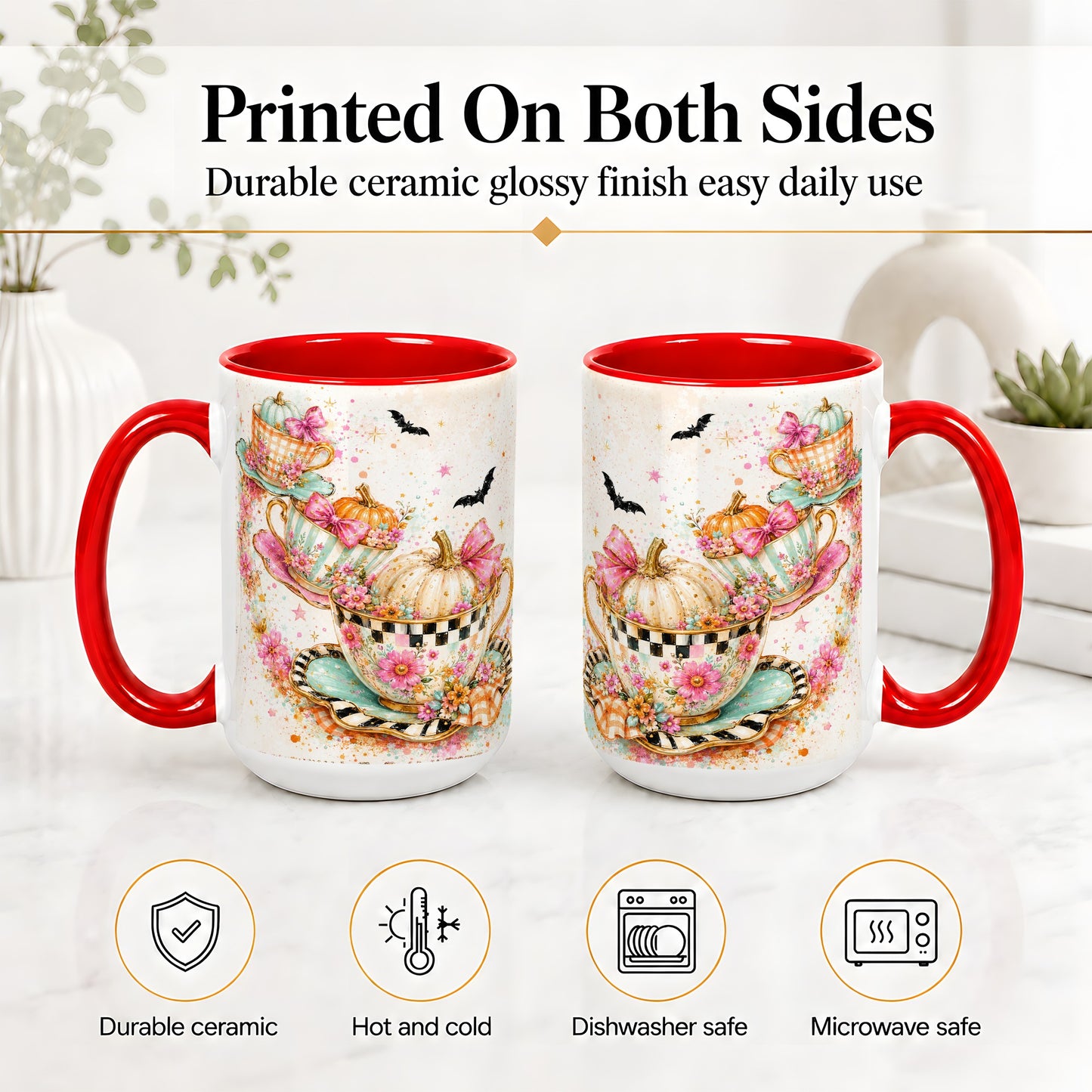 #pl[15oz|Red] Pumpkin Tea Cup Ceramic Coffee Cup, Mug with Floral Bow Artwork