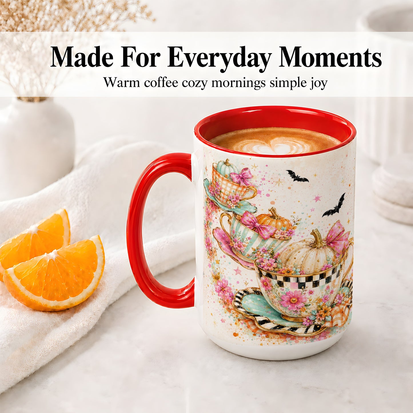 #pl[15oz|Red] Pumpkin Tea Cup Ceramic Coffee Cup, Mug with Floral Bow Artwork
