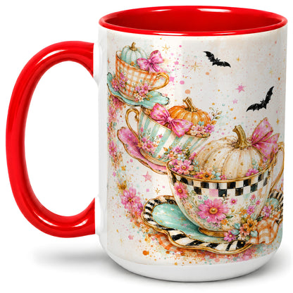 #pl[15oz|Red] Pumpkin Tea Cup Ceramic Coffee Cup, Mug with Floral Bow Artwork