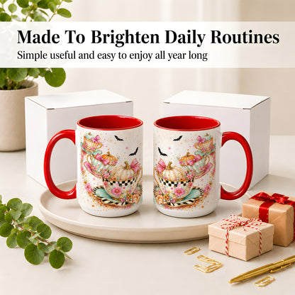 #pl[15oz|Red] Pumpkin Tea Cup Ceramic Coffee Cup, Mug with Floral Bow Artwork