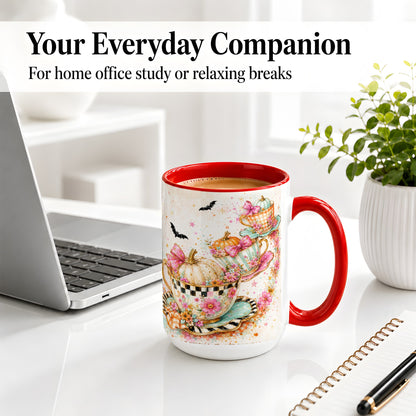 #pl[15oz|Red] Pumpkin Tea Cup Ceramic Coffee Cup, Mug with Floral Bow Artwork