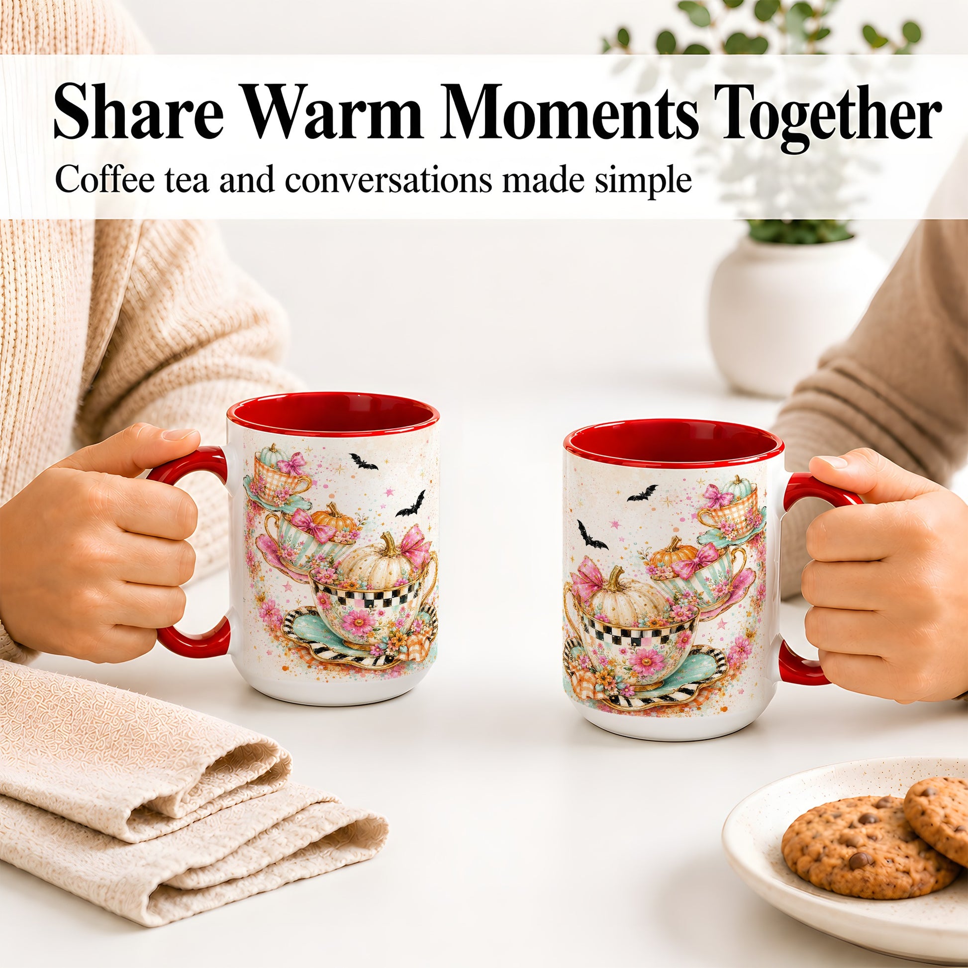 #pl[15oz|Red] Pumpkin Tea Cup Ceramic Coffee Cup, Mug with Floral Bow Artwork