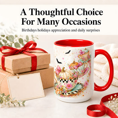 #pl[15oz|Red] Pumpkin Tea Cup Ceramic Coffee Cup, Mug with Floral Bow Artwork