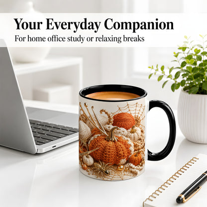 #pl[11oz|Black] Crochet Pumpkin Ceramic Coffee Cup, Mug with Yarn Craft Artwork