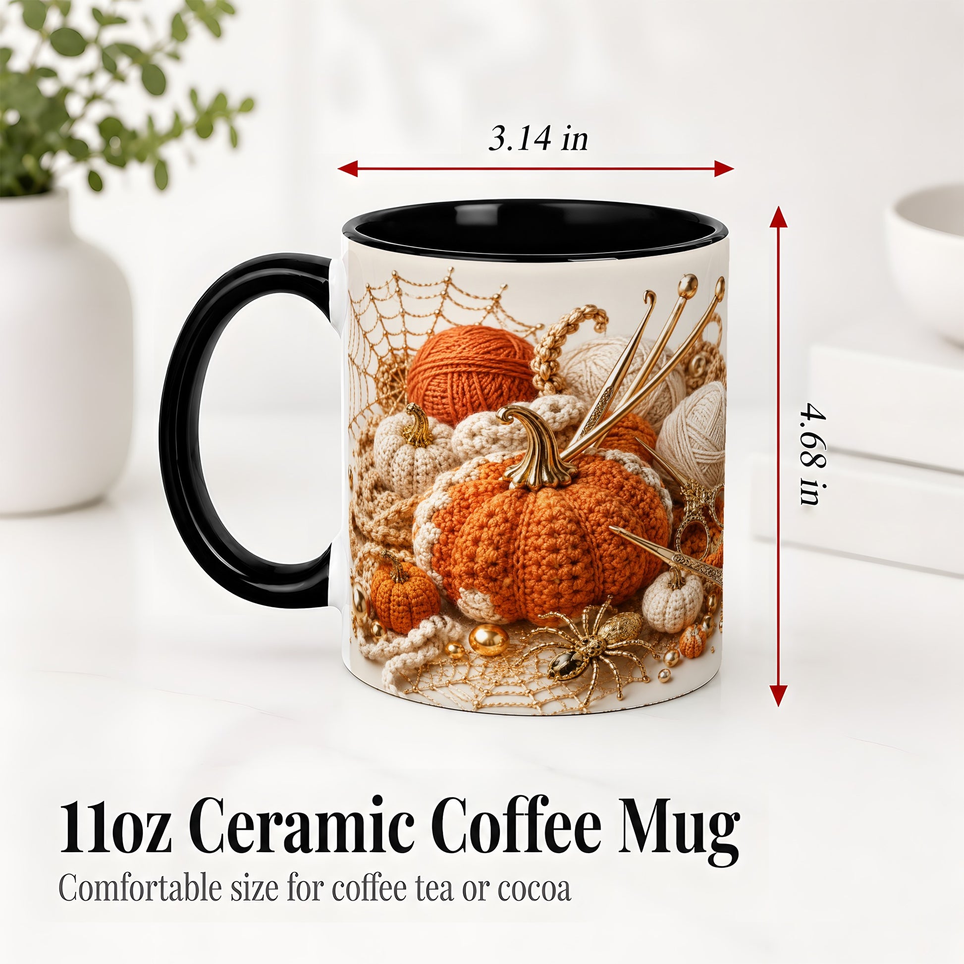 #pl[11oz|Black] Crochet Pumpkin Ceramic Coffee Cup, Mug with Yarn Craft Artwork