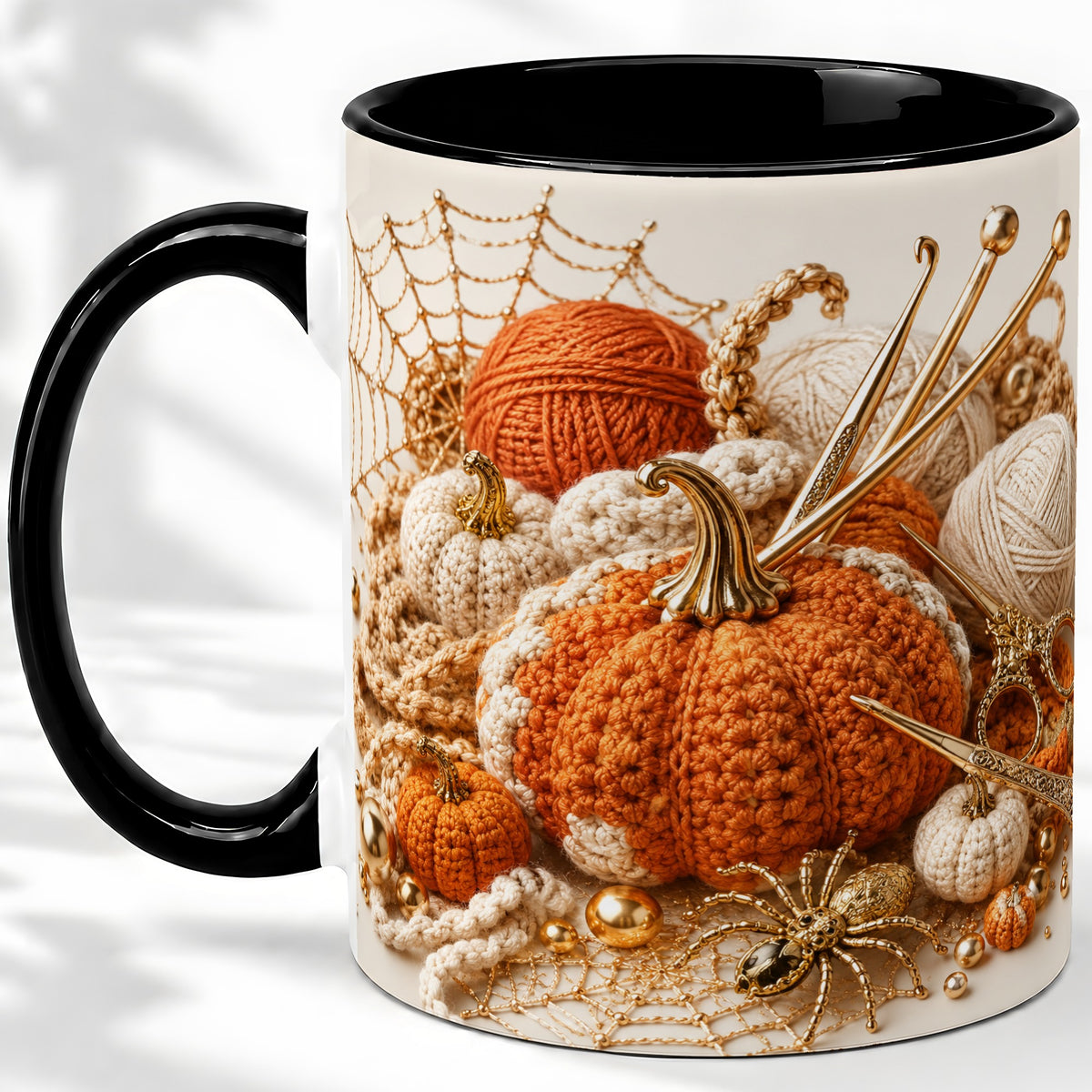 #pl[11oz|Black] Crochet Pumpkin Ceramic Coffee Cup, Mug with Yarn Craft Artwork
