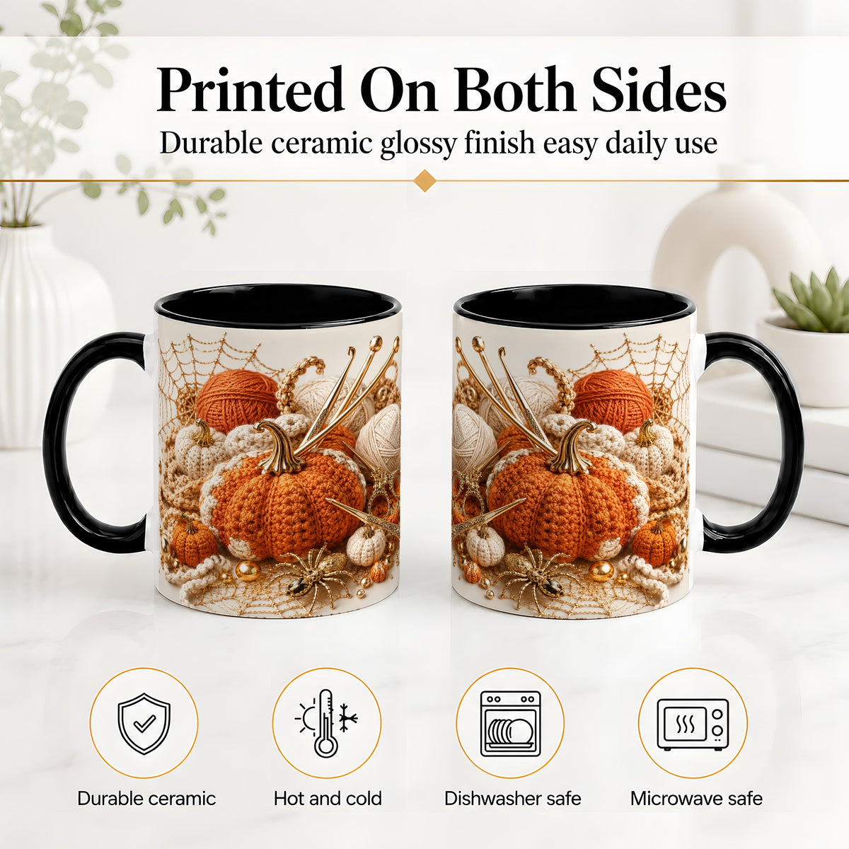 #pl[11oz|Black] Crochet Pumpkin Ceramic Coffee Cup, Mug with Yarn Craft Artwork