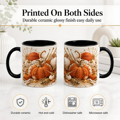 #pl[11oz|Black] Crochet Pumpkin Ceramic Coffee Cup, Mug with Yarn Craft Artwork