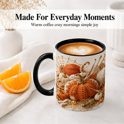 #pl[11oz|Black] Crochet Pumpkin Ceramic Coffee Cup, Mug with Yarn Craft Artwork