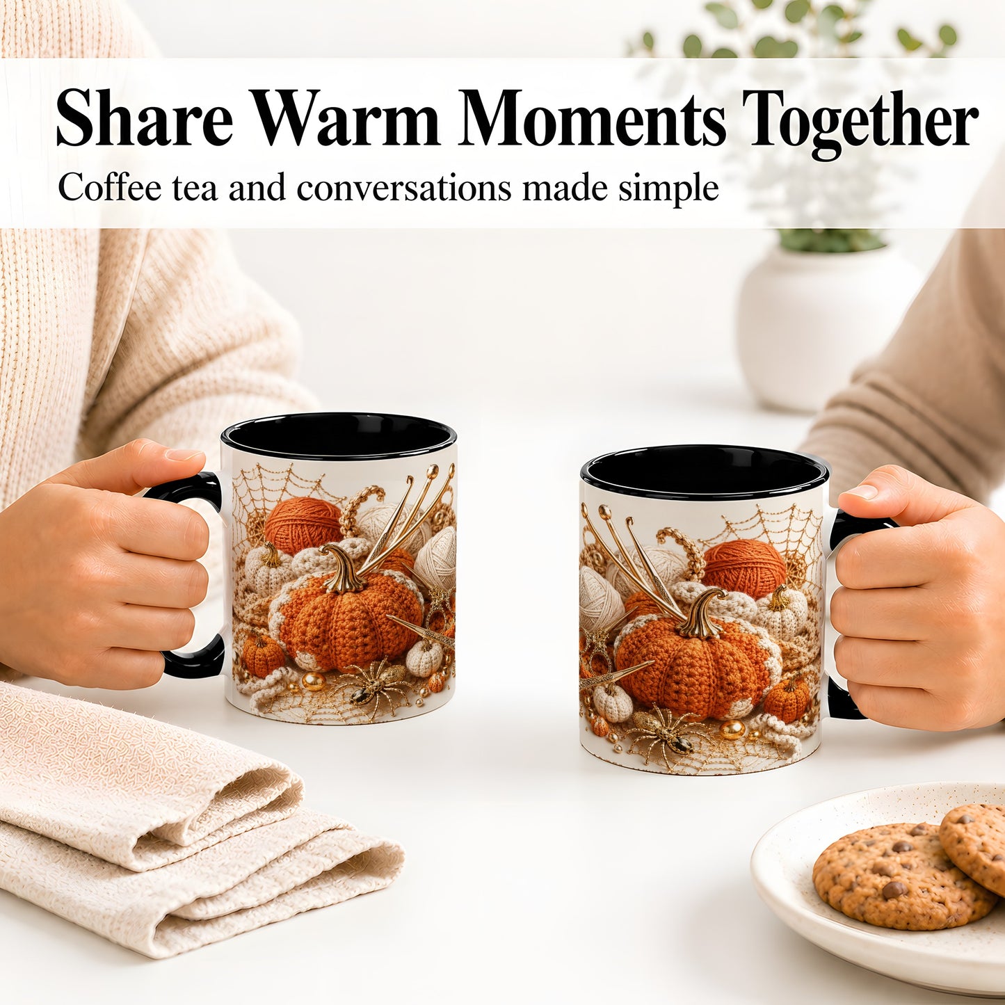 #pl[11oz|Black] Crochet Pumpkin Ceramic Coffee Cup, Mug with Yarn Craft Artwork