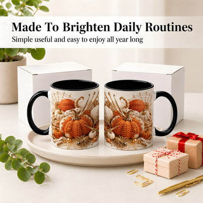 #pl[11oz|Black] Crochet Pumpkin Ceramic Coffee Cup, Mug with Yarn Craft Artwork