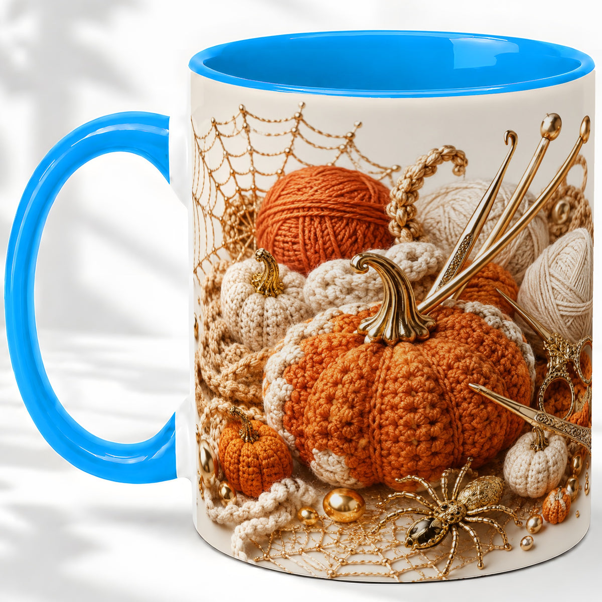 #pl[11oz|Blue] Crochet Pumpkin Ceramic Coffee Cup, Mug with Yarn Craft Artwork