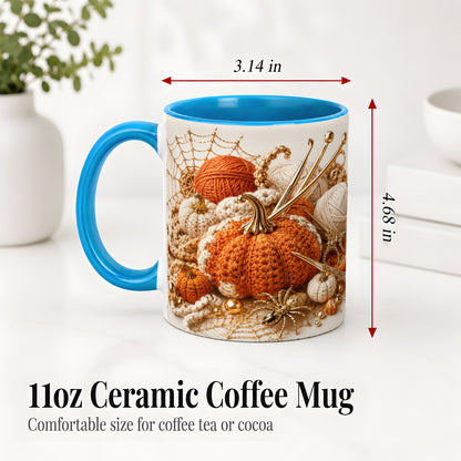 #pl[11oz|Blue] Crochet Pumpkin Ceramic Coffee Cup, Mug with Yarn Craft Artwork