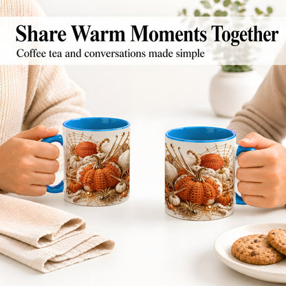 #pl[11oz|Blue] Crochet Pumpkin Ceramic Coffee Cup, Mug with Yarn Craft Artwork