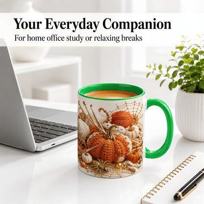 #pl[11oz|Green] Crochet Pumpkin Ceramic Coffee Cup, Mug with Yarn Craft Artwork