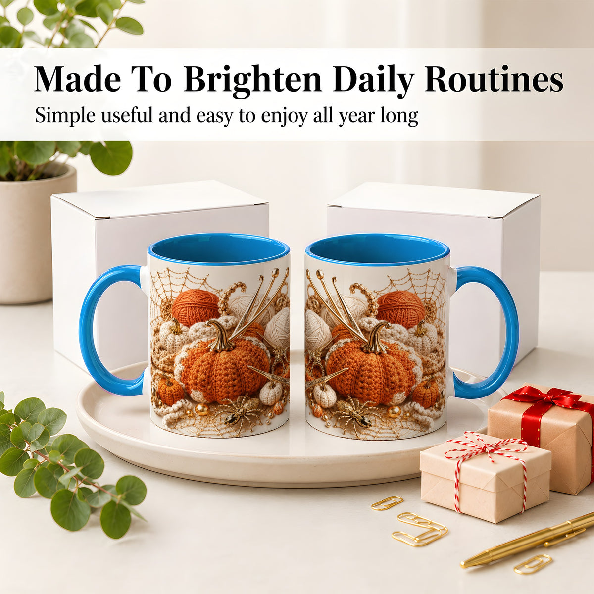 #pl[11oz|Blue] Crochet Pumpkin Ceramic Coffee Cup, Mug with Yarn Craft Artwork