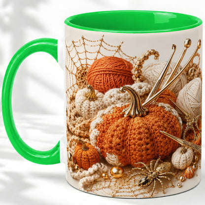 #pl[11oz|Green] Crochet Pumpkin Ceramic Coffee Cup, Mug with Yarn Craft Artwork