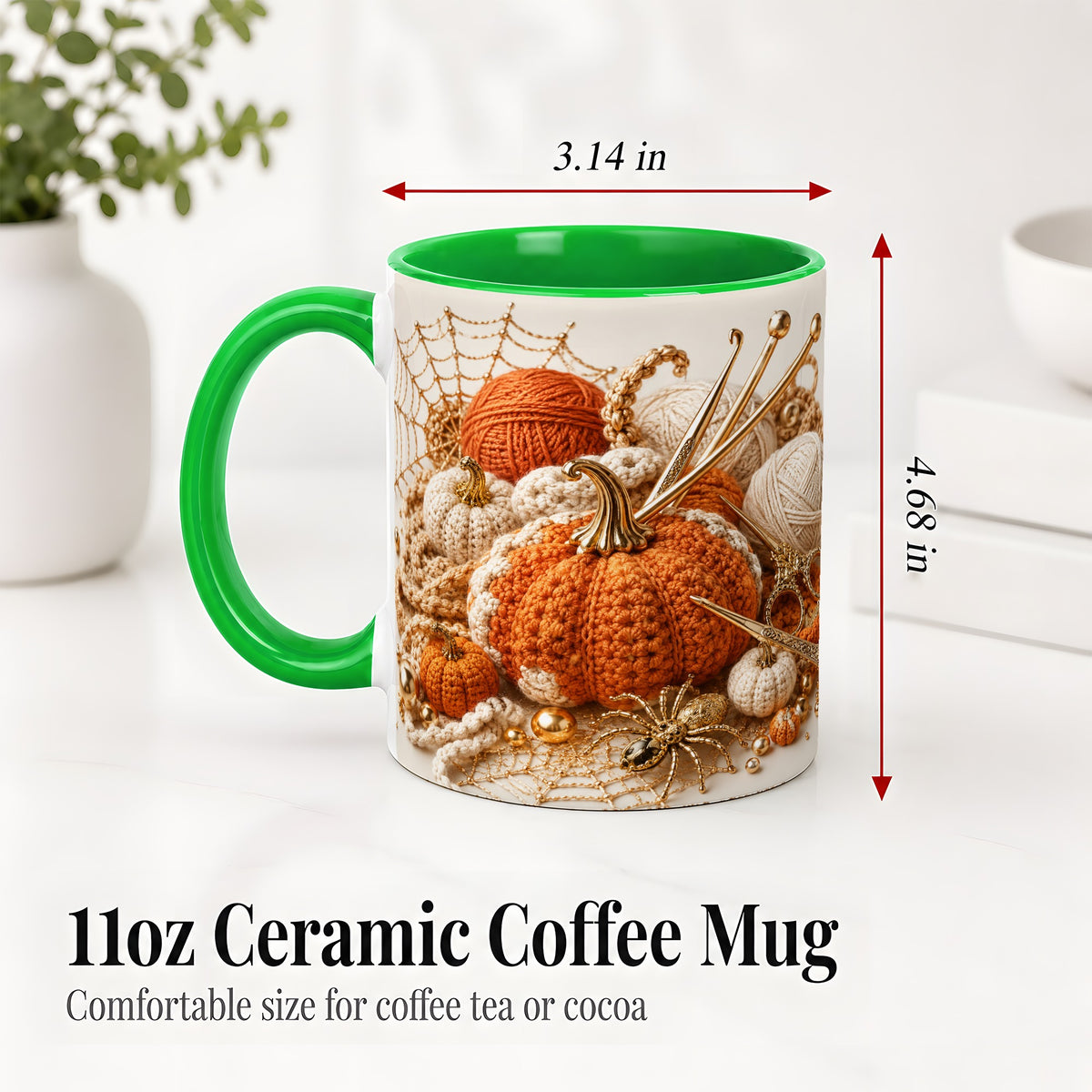 #pl[11oz|Green] Crochet Pumpkin Ceramic Coffee Cup, Mug with Yarn Craft Artwork