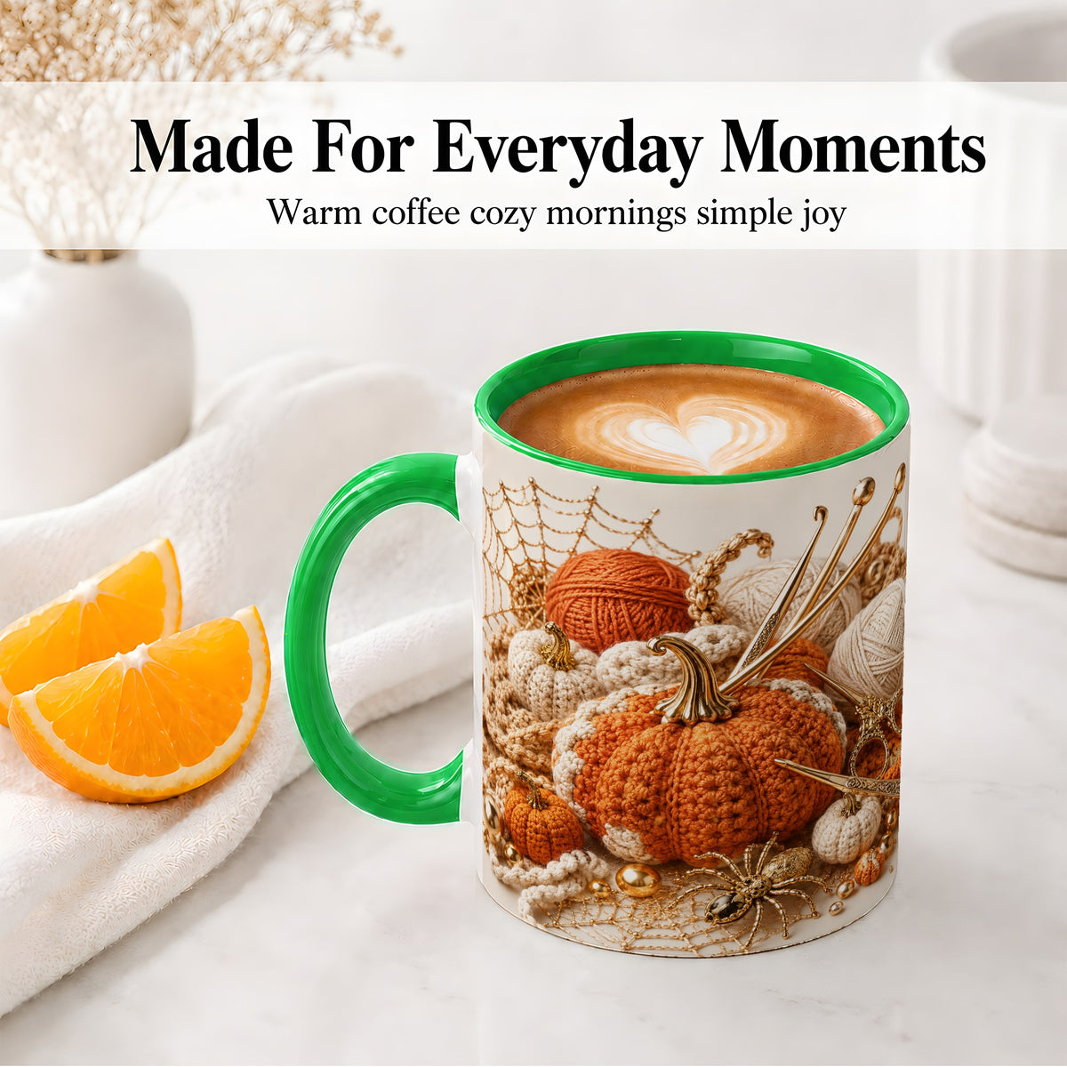#pl[11oz|Green] Crochet Pumpkin Ceramic Coffee Cup, Mug with Yarn Craft Artwork