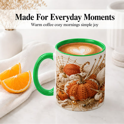 #pl[11oz|Green] Crochet Pumpkin Ceramic Coffee Cup, Mug with Yarn Craft Artwork