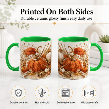 #pl[11oz|Green] Crochet Pumpkin Ceramic Coffee Cup, Mug with Yarn Craft Artwork