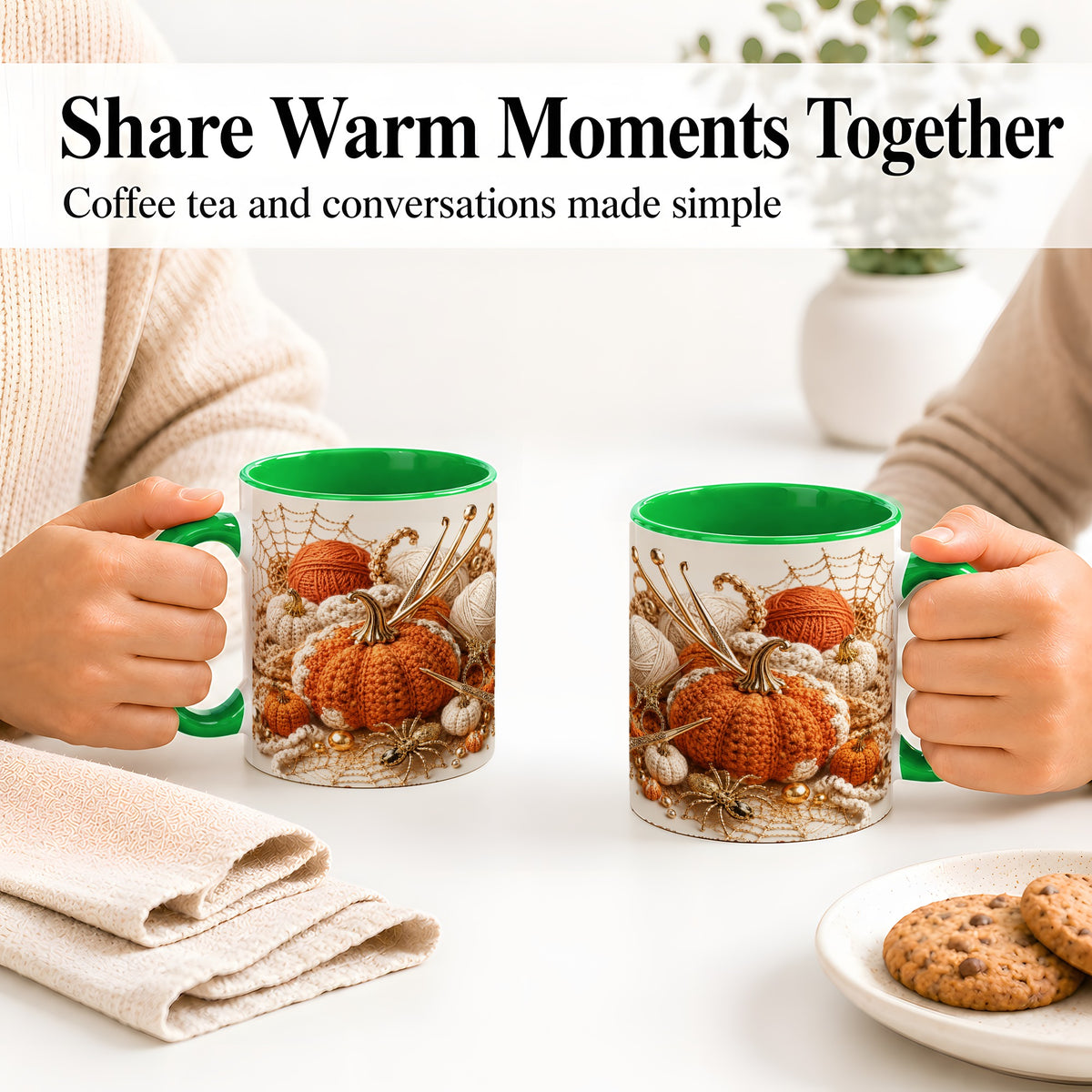 #pl[11oz|Green] Crochet Pumpkin Ceramic Coffee Cup, Mug with Yarn Craft Artwork