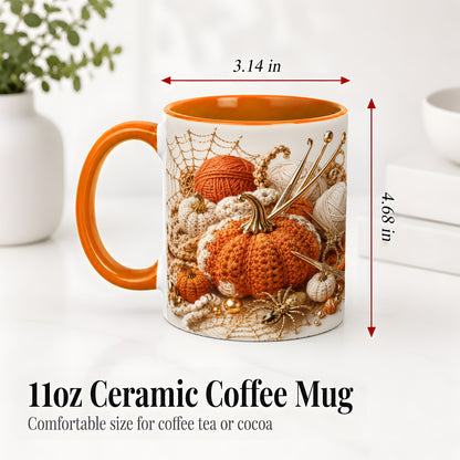 #pl[11oz|Orange] Crochet Pumpkin Ceramic Coffee Cup, Mug with Yarn Craft Artwork