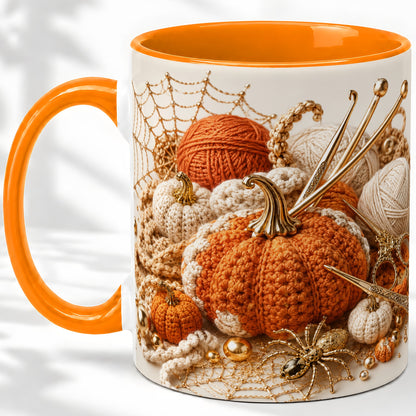 #pl[11oz|Orange] Crochet Pumpkin Ceramic Coffee Cup, Mug with Yarn Craft Artwork