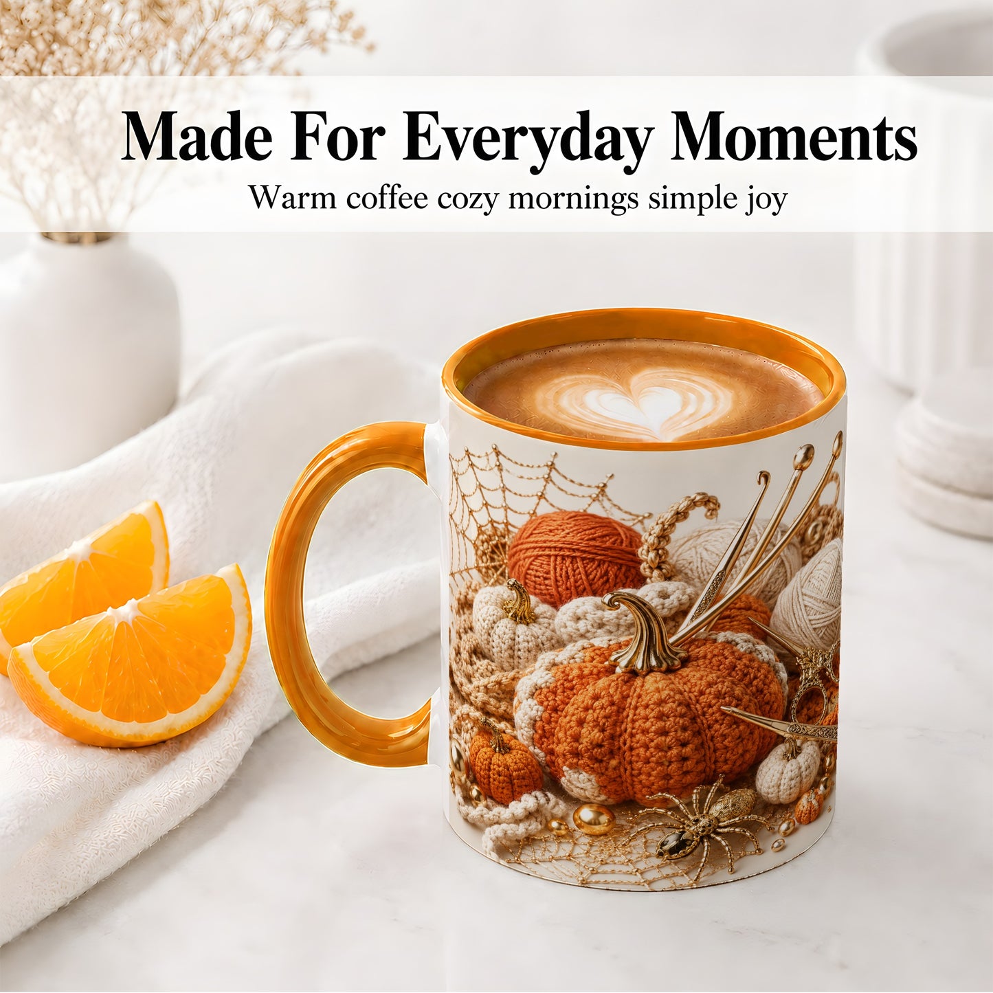 #pl[11oz|Orange] Crochet Pumpkin Ceramic Coffee Cup, Mug with Yarn Craft Artwork