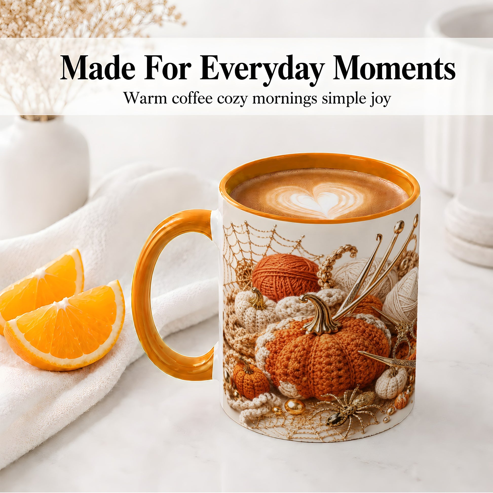 #pl[11oz|Orange] Crochet Pumpkin Ceramic Coffee Cup, Mug with Yarn Craft Artwork