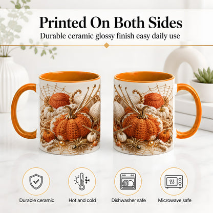 #pl[11oz|Orange] Crochet Pumpkin Ceramic Coffee Cup, Mug with Yarn Craft Artwork