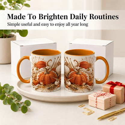 #pl[11oz|Orange] Crochet Pumpkin Ceramic Coffee Cup, Mug with Yarn Craft Artwork