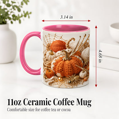 #pl[11oz|Pink] Crochet Pumpkin Ceramic Coffee Cup, Mug with Yarn Craft Artwork