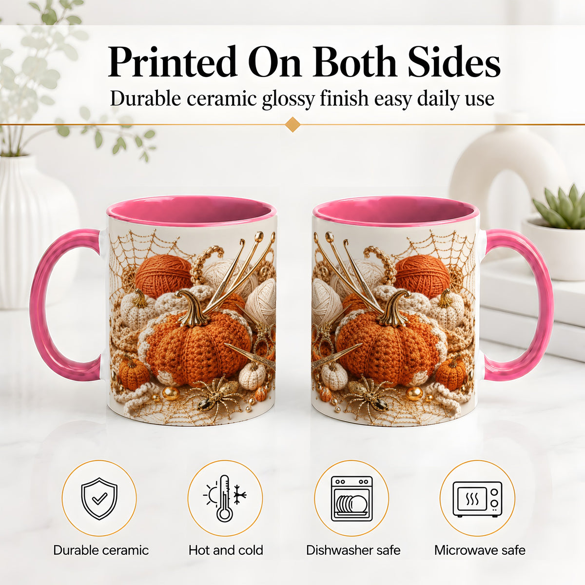 #pl[11oz|Pink] Crochet Pumpkin Ceramic Coffee Cup, Mug with Yarn Craft Artwork