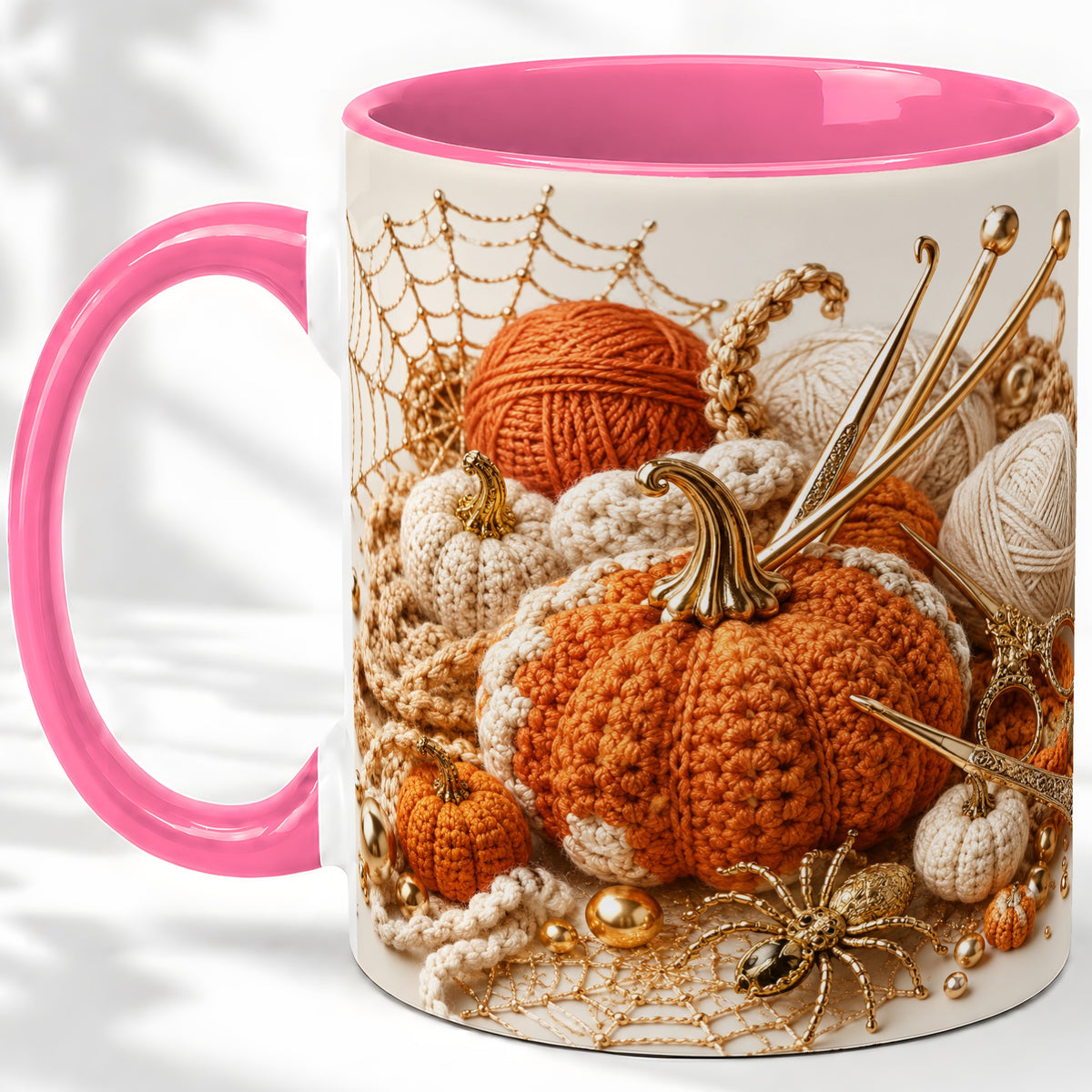 #pl[11oz|Pink] Crochet Pumpkin Ceramic Coffee Cup, Mug with Yarn Craft Artwork