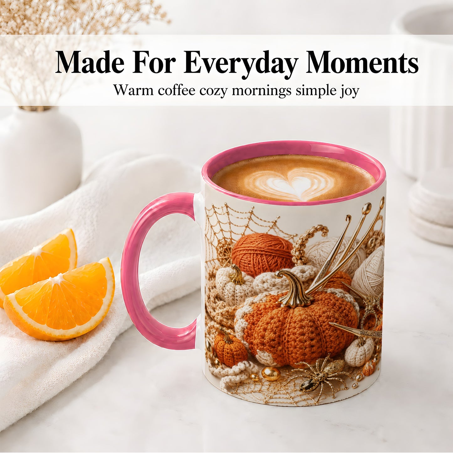 #pl[11oz|Pink] Crochet Pumpkin Ceramic Coffee Cup, Mug with Yarn Craft Artwork