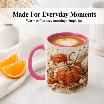 #pl[11oz|Pink] Crochet Pumpkin Ceramic Coffee Cup, Mug with Yarn Craft Artwork