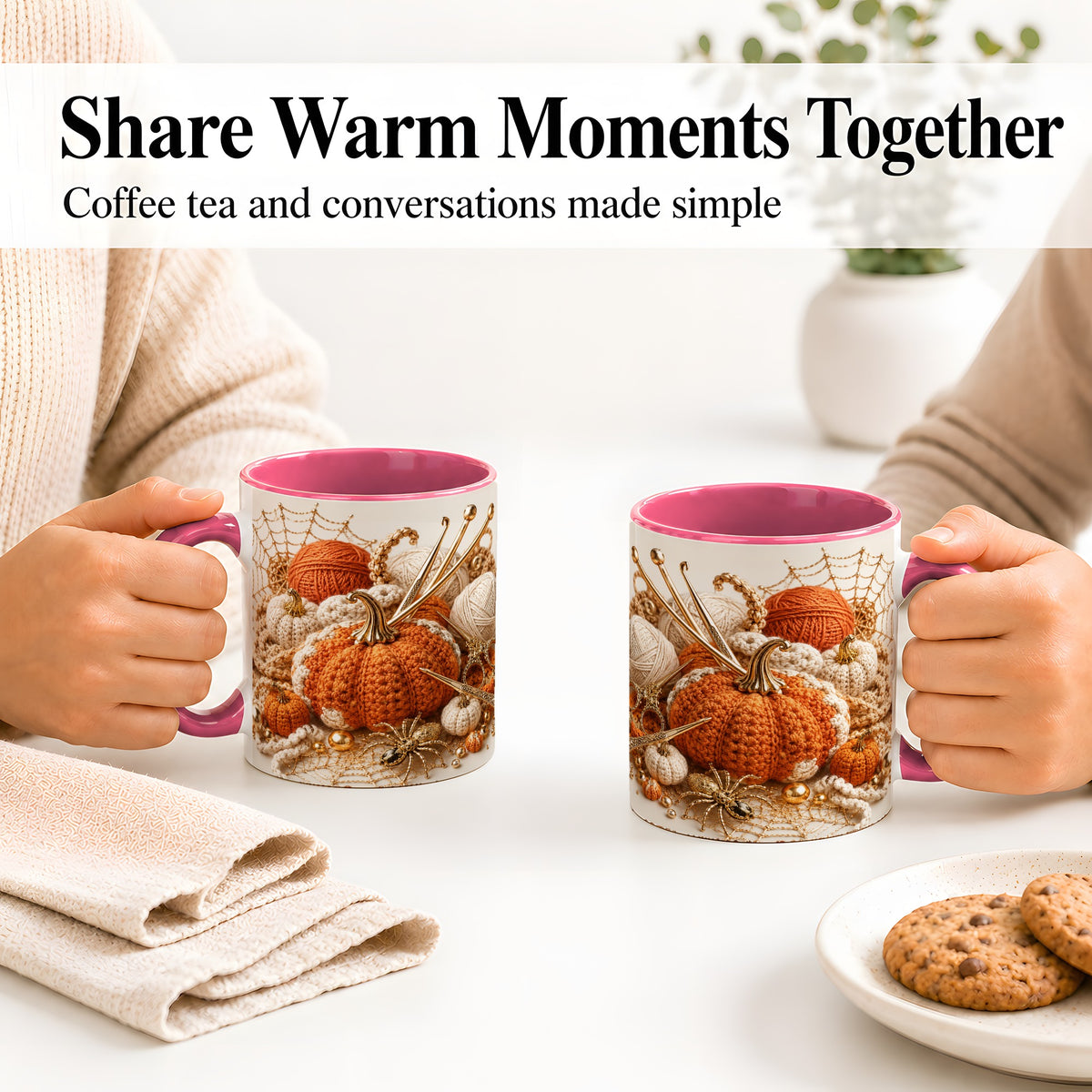 #pl[11oz|Pink] Crochet Pumpkin Ceramic Coffee Cup, Mug with Yarn Craft Artwork