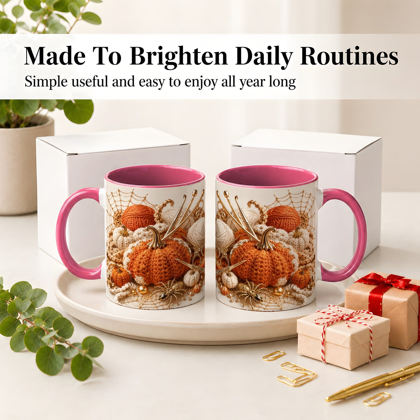 #pl[11oz|Pink] Crochet Pumpkin Ceramic Coffee Cup, Mug with Yarn Craft Artwork