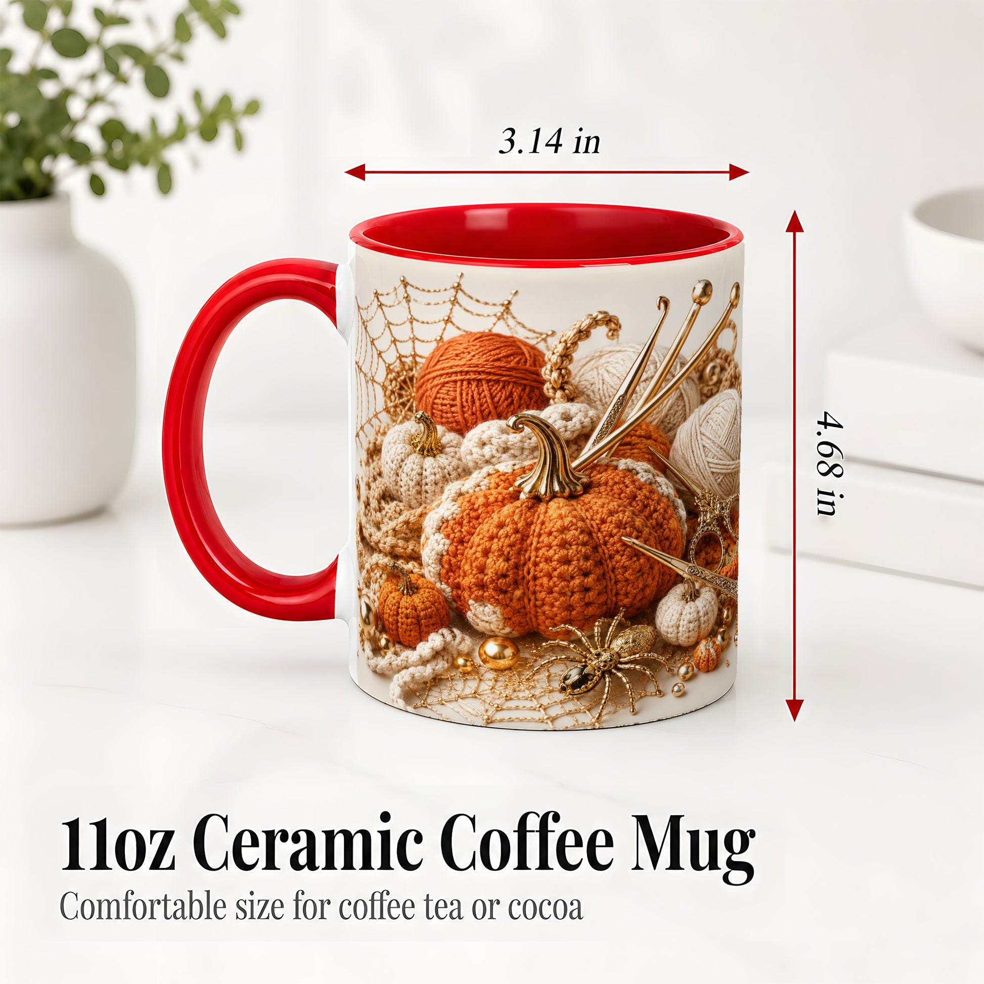 #pl[11oz|Red] Crochet Pumpkin Ceramic Coffee Cup, Mug with Yarn Craft Artwork